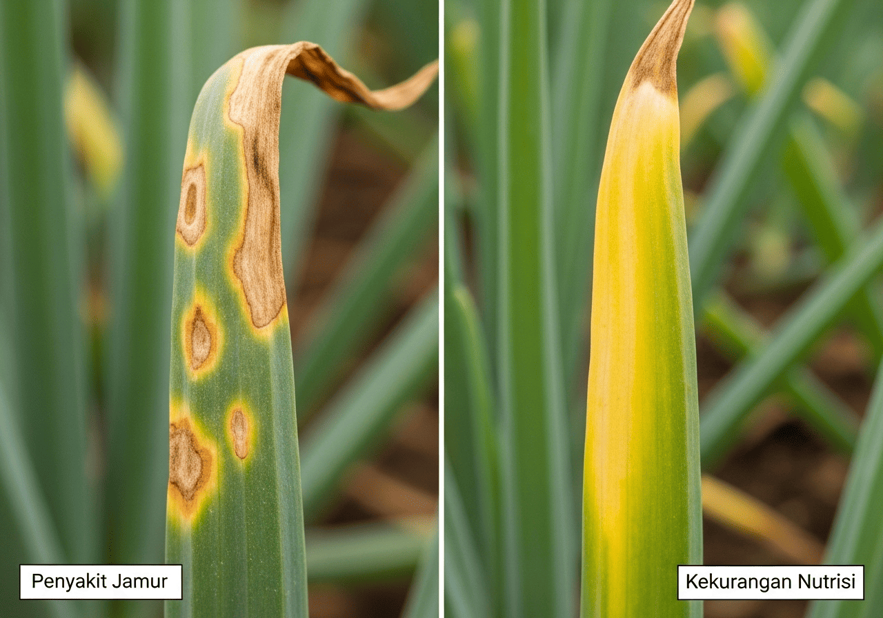 Perbedaan Daun Bawang Merah yang terkena serangan jamur dan kekurangan nutrisi